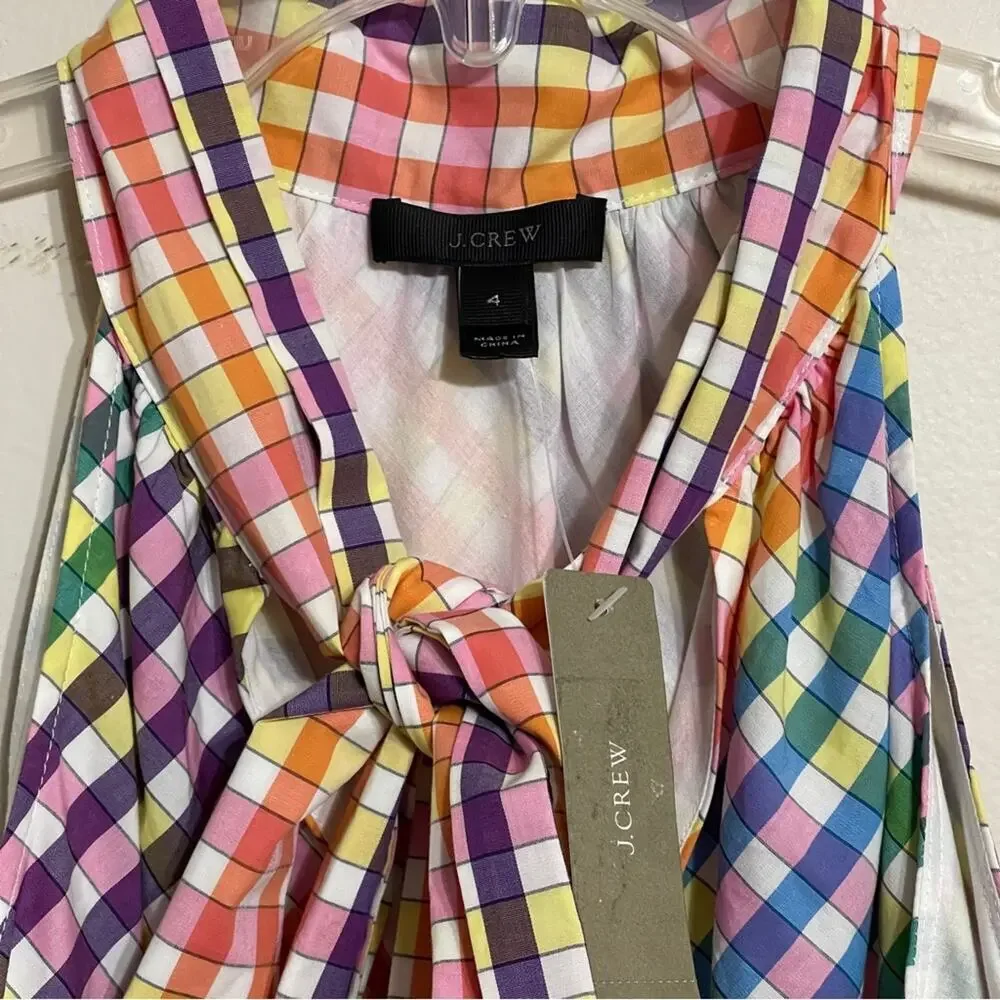 J. Crew Rainbow Gingham Plaid Tie Neck Mini Shift Dress Size Small New